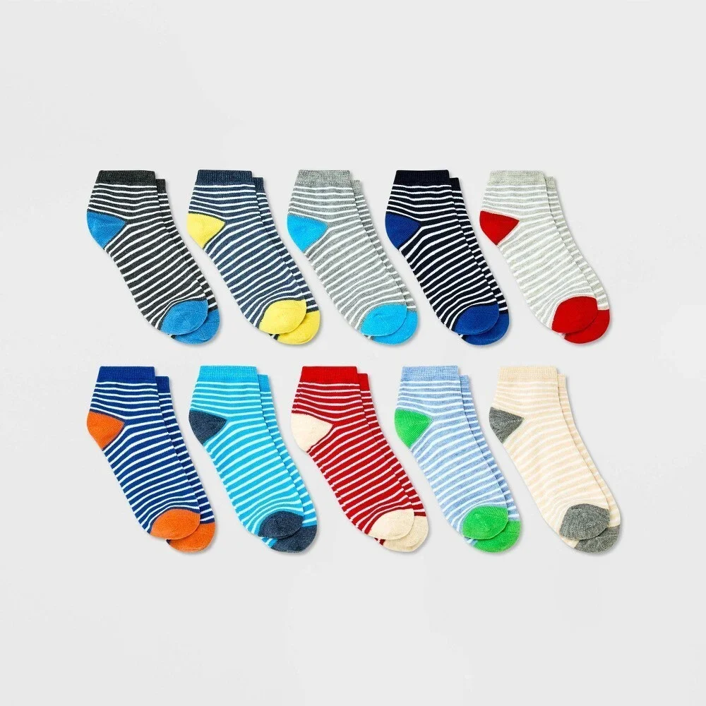 Cat & Jack Boys' 10 Pairs Lightweight Striped Ankle Socks Size Medium 9-2.5